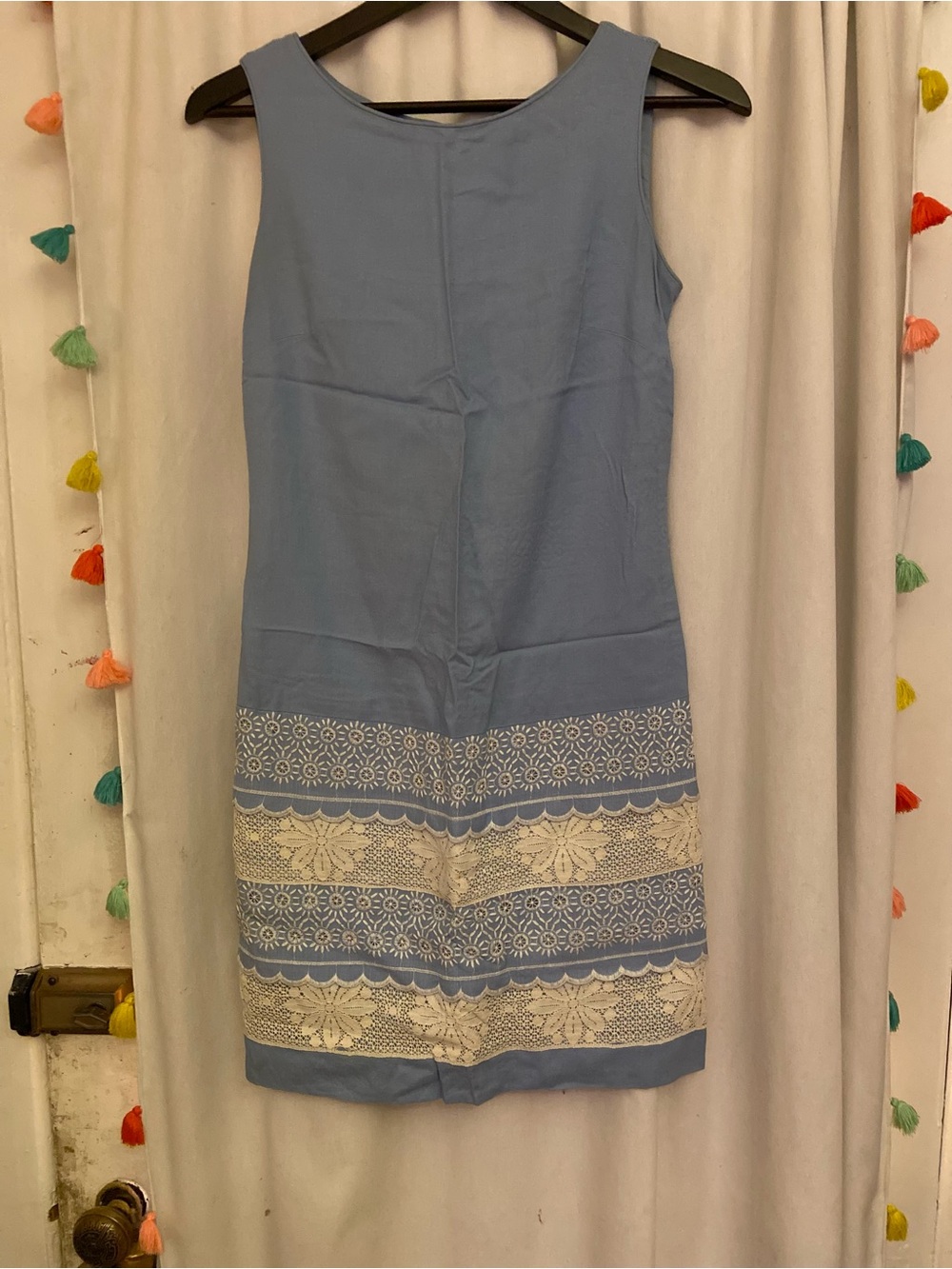 Vintage Light Blue Sleeveless Midi Dress with Cream Lace Panels